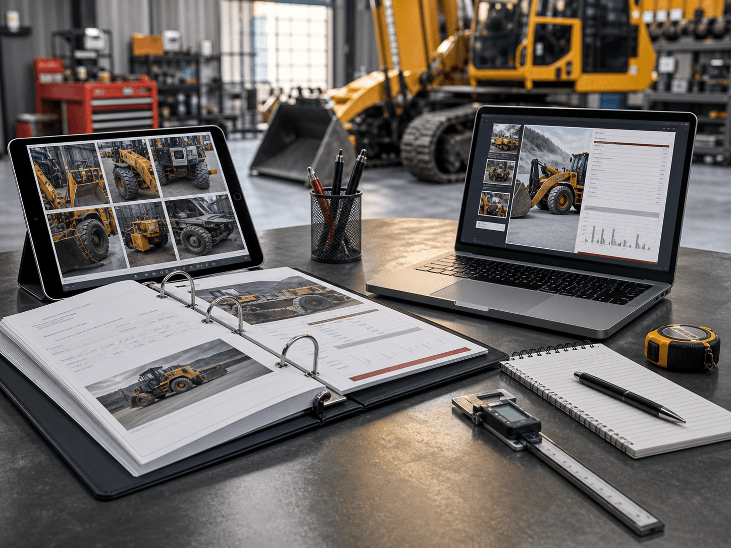 Professional heavy equipment asset appraisal workspace