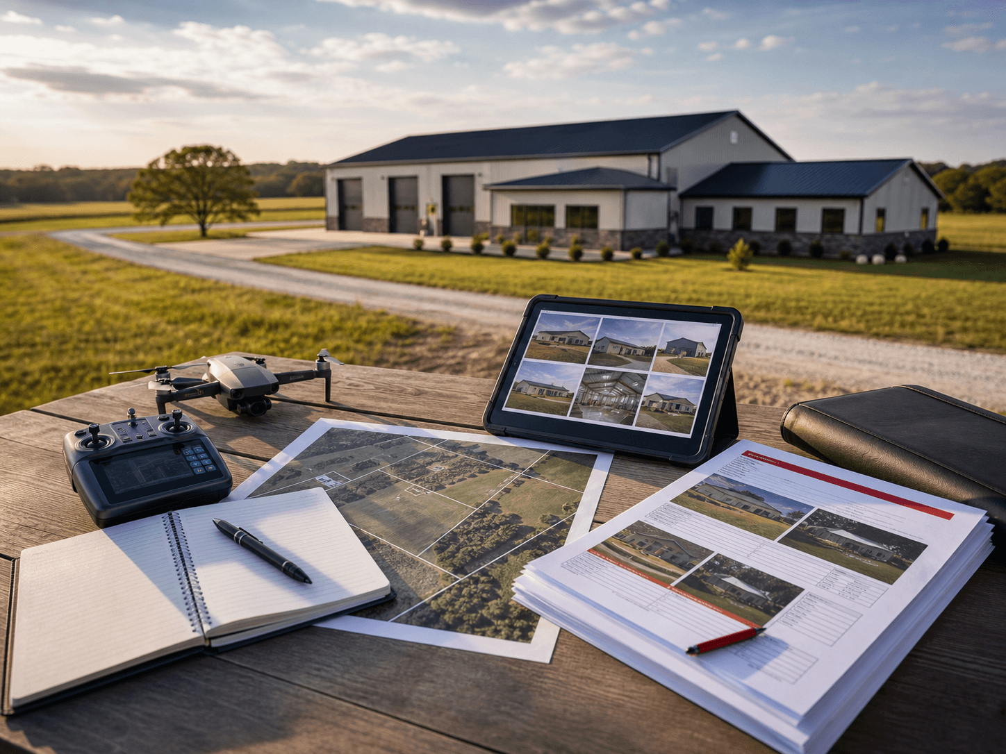 Rural real estate appraisal scene with property report materials