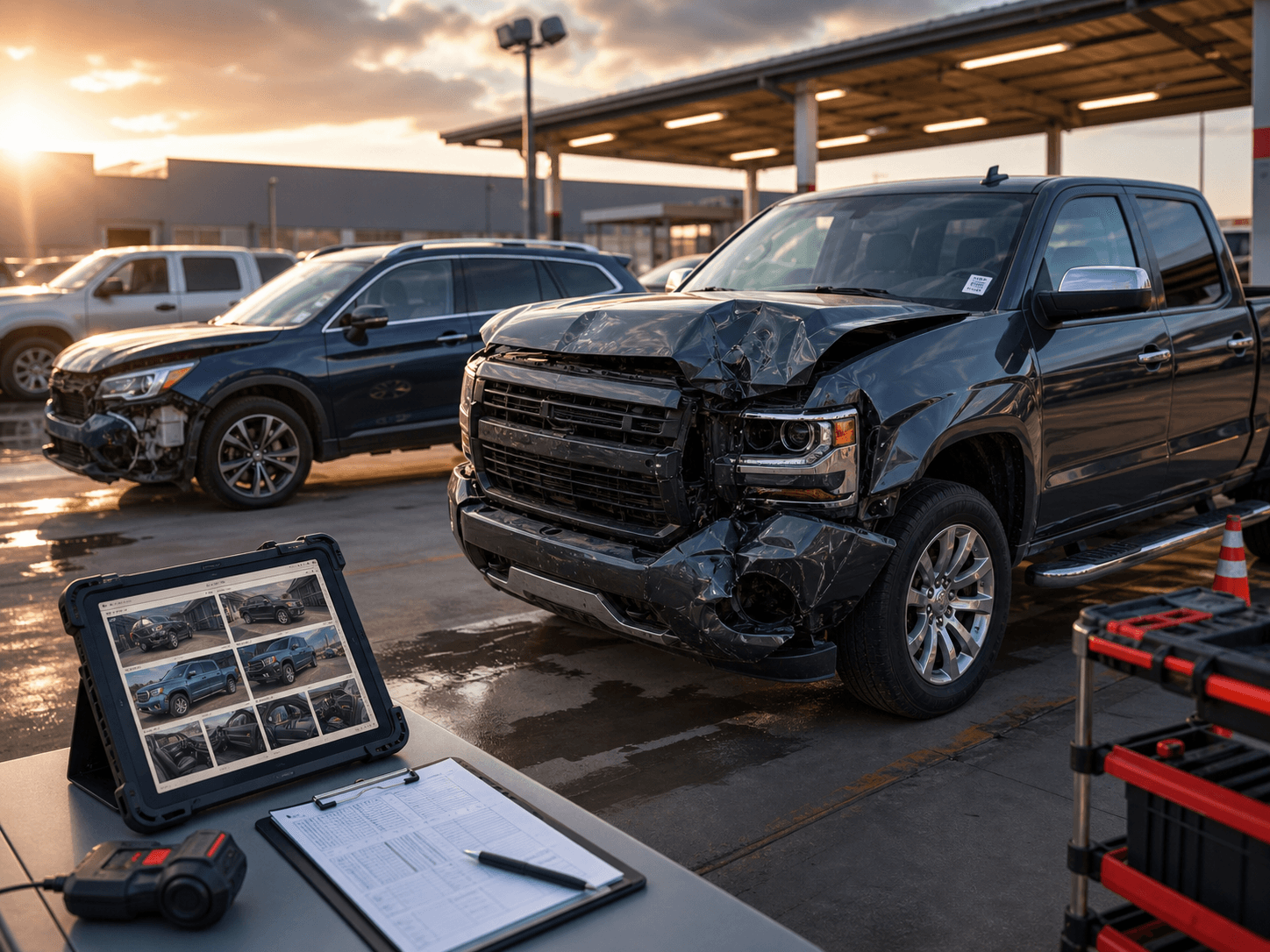 Damaged salvage vehicles in a professional inspection bay