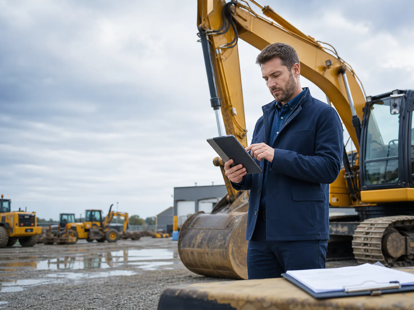 Asset appraiser reviewing valuation details on a tablet beside excavation equipment